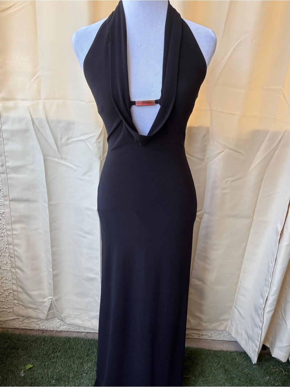 Y2K Vintage Cache Black Deep Plunge Halter Gown Open Back Bombshell Dress